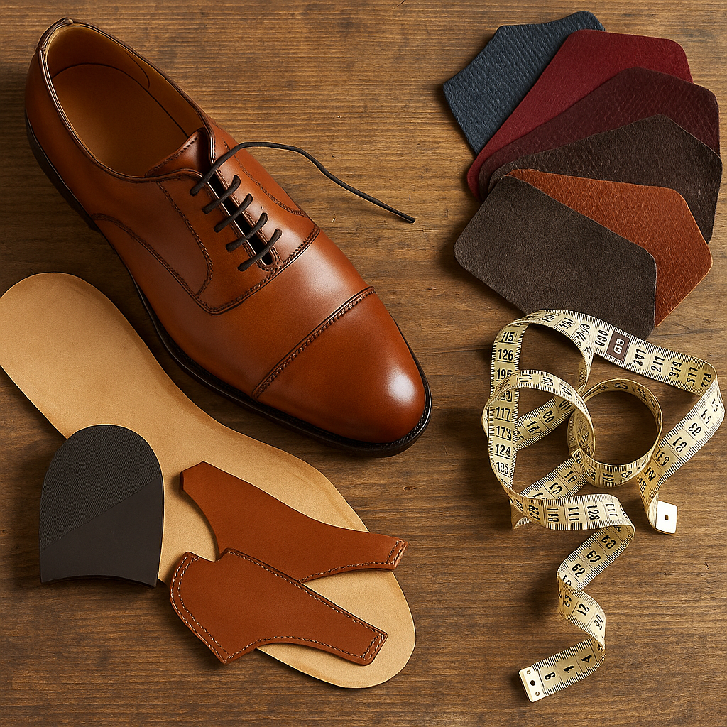 Brown leather shoe with insole, color swatches, and measuring tape on a wooden surface