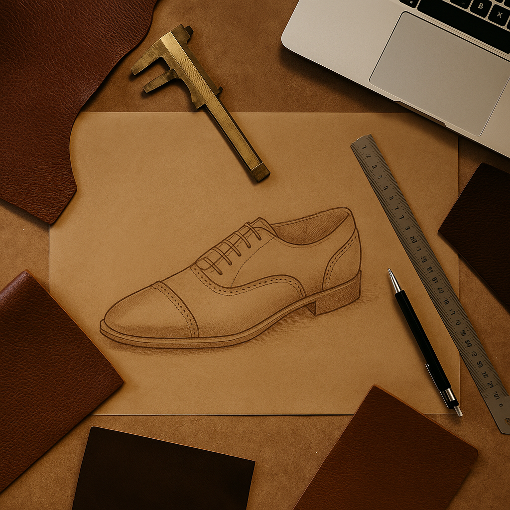 Drawing of a shoe on brown paper with leather samples and tools on a wooden surface