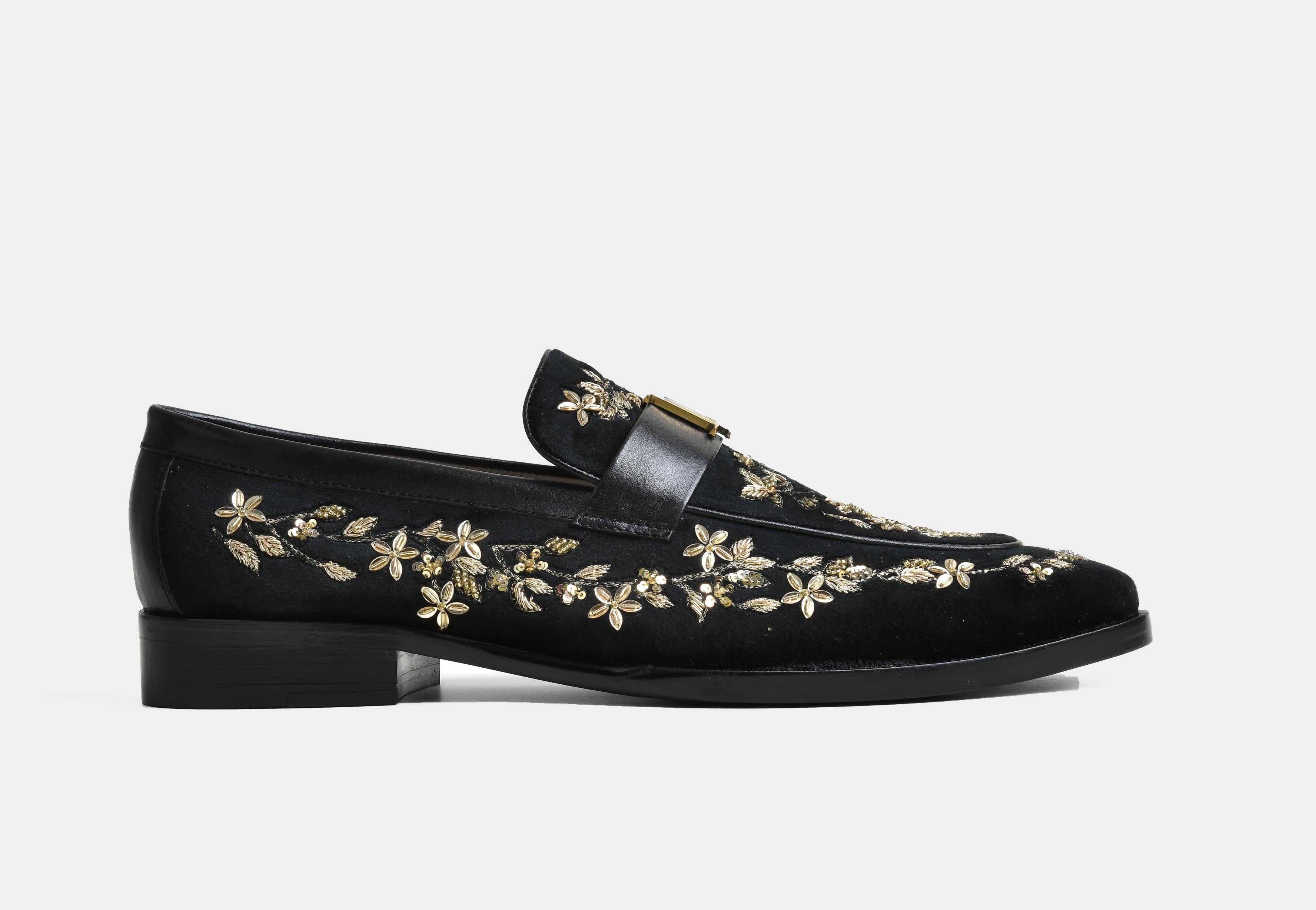 FLORENTINO | MEN BLACK GOLD-EMBROIDERED VELVET LOAFERS
