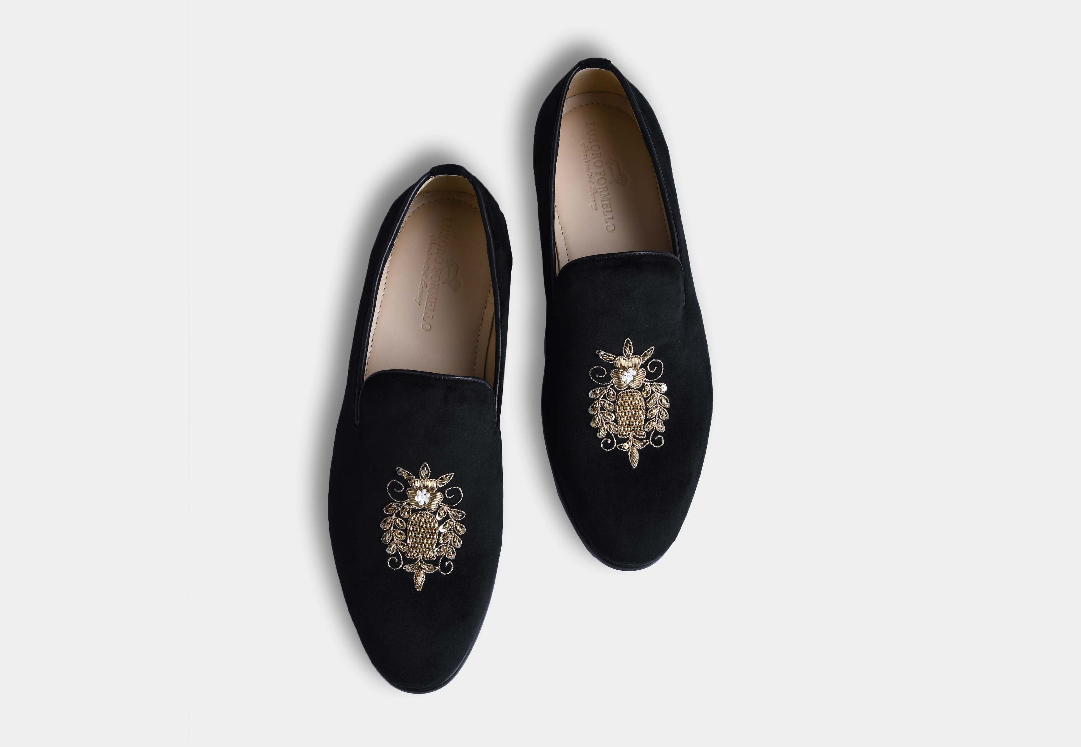 Mateo Black Embroidered Slip-ons (Reserved-Release)