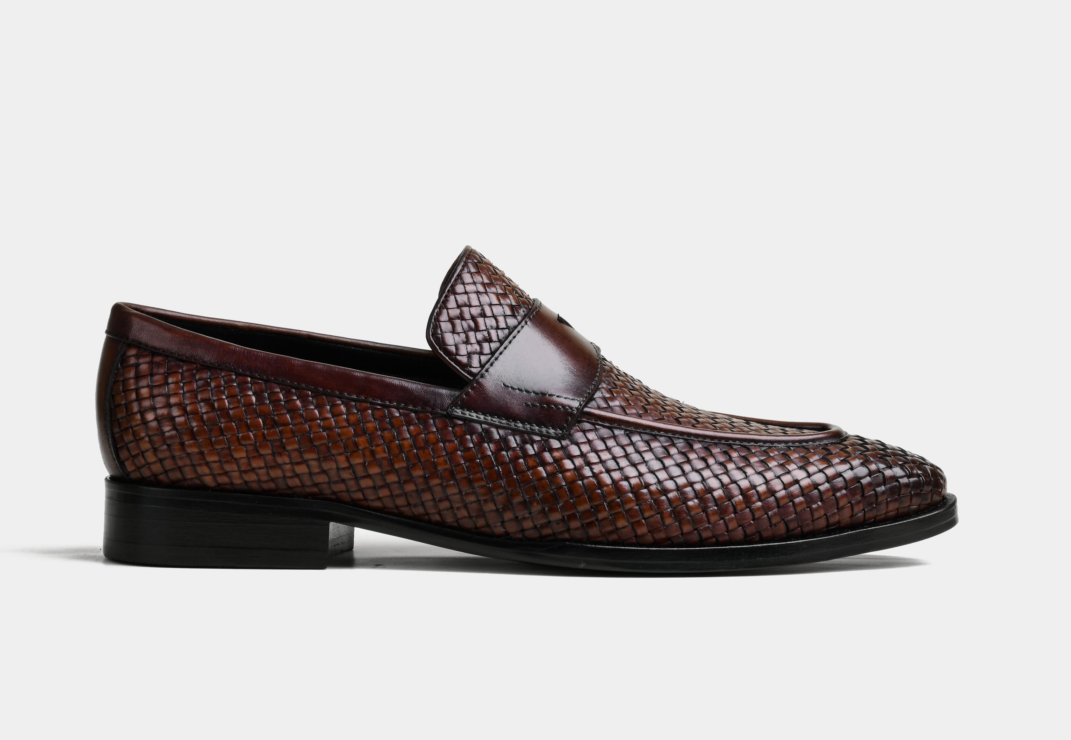 AIDEN | Catalog-MEN BROWN WEAVED LEATHER SLIP-ONS