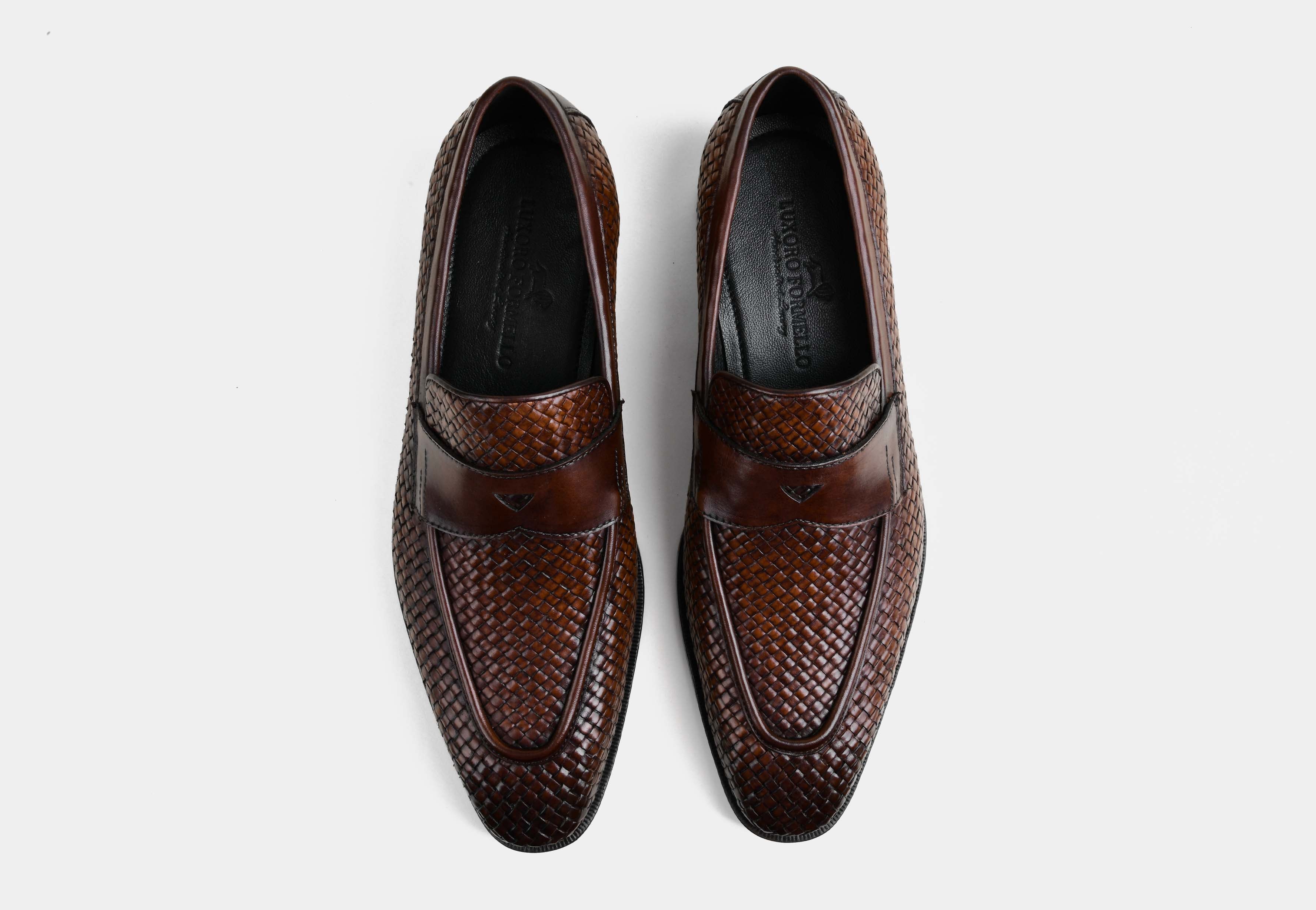 AIDEN | Catalog-MEN BROWN WEAVED LEATHER SLIP-ONS