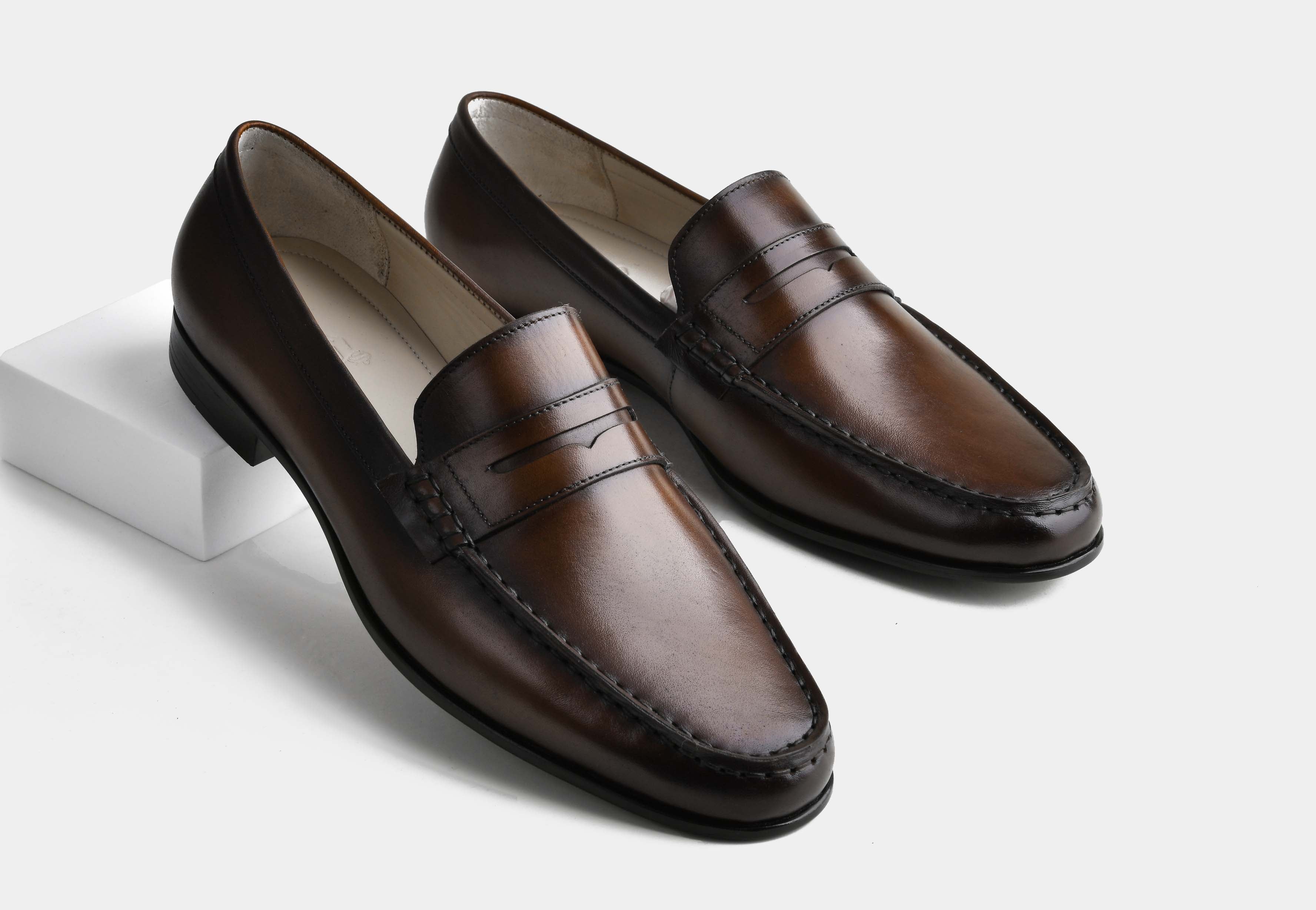 ARENNA | MEN BROWN HAND-BURNISHED CALF LEATHER PENNY LOAFERS