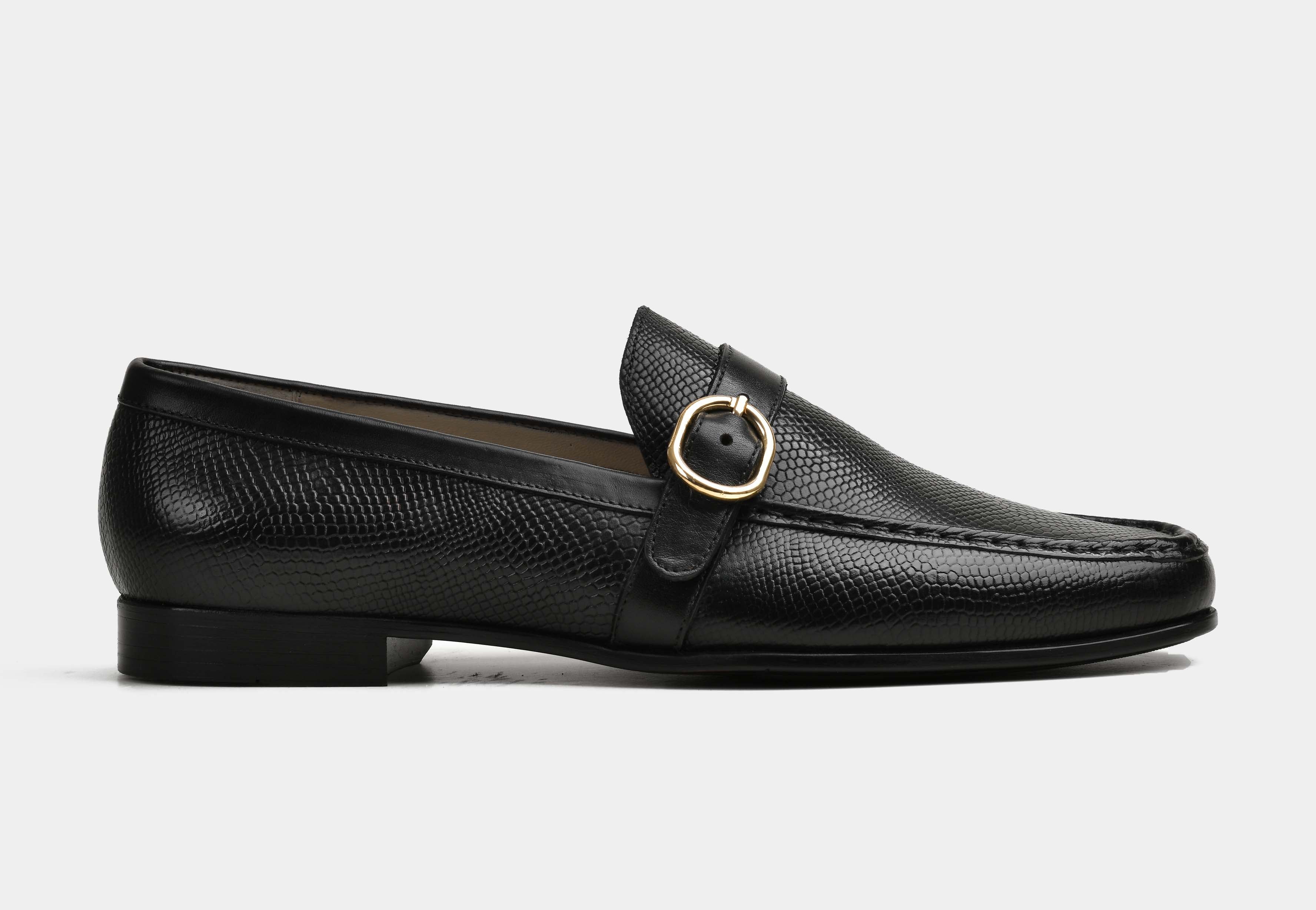 SORRENTO | MEN BLACK TEXTURED LEATHER SIDE-BUCKLE LOAFERS