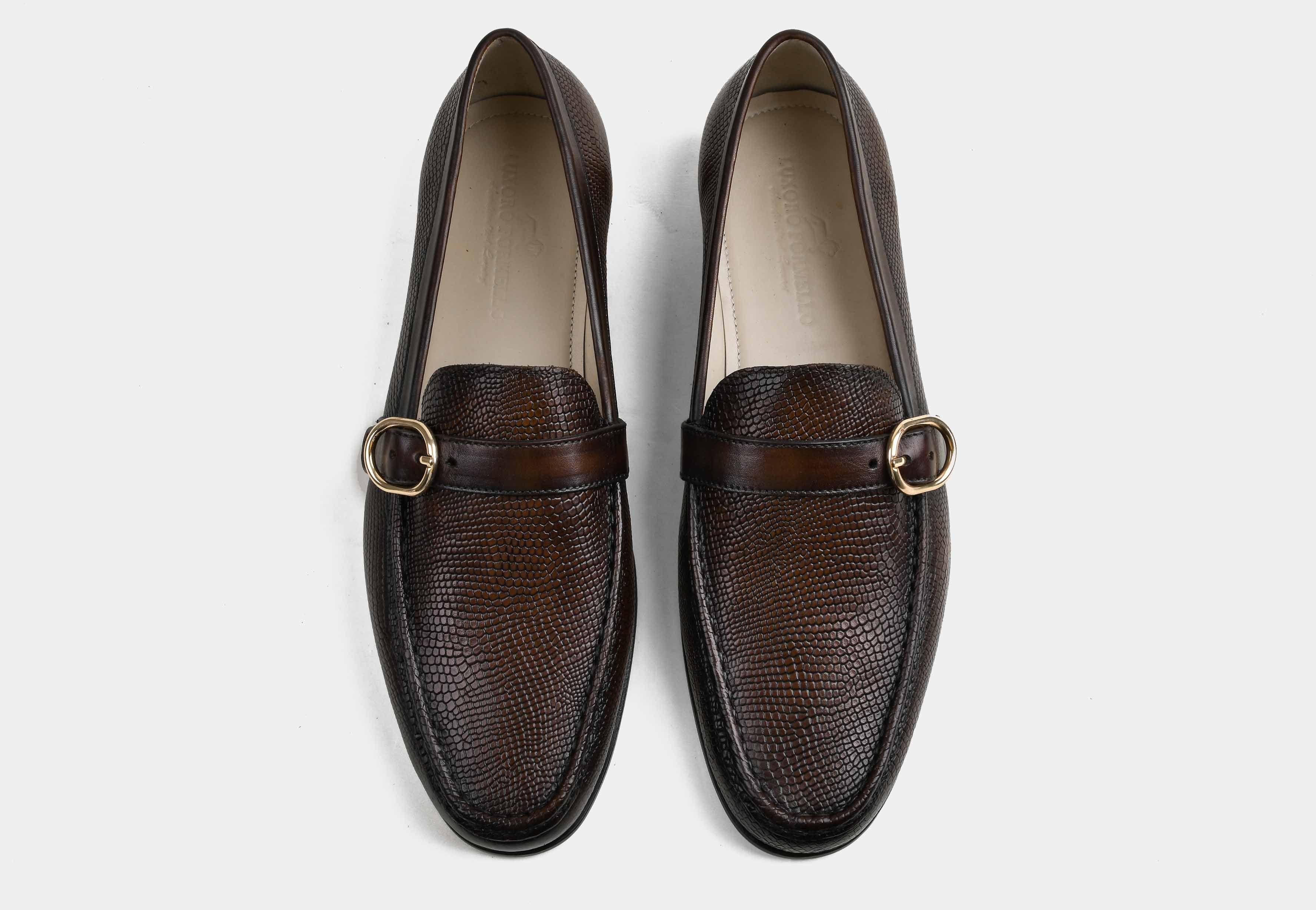 SORRENTO | MEN BROWN TEXTURED LEATHER SIDE-BUCKLE LOAFERS