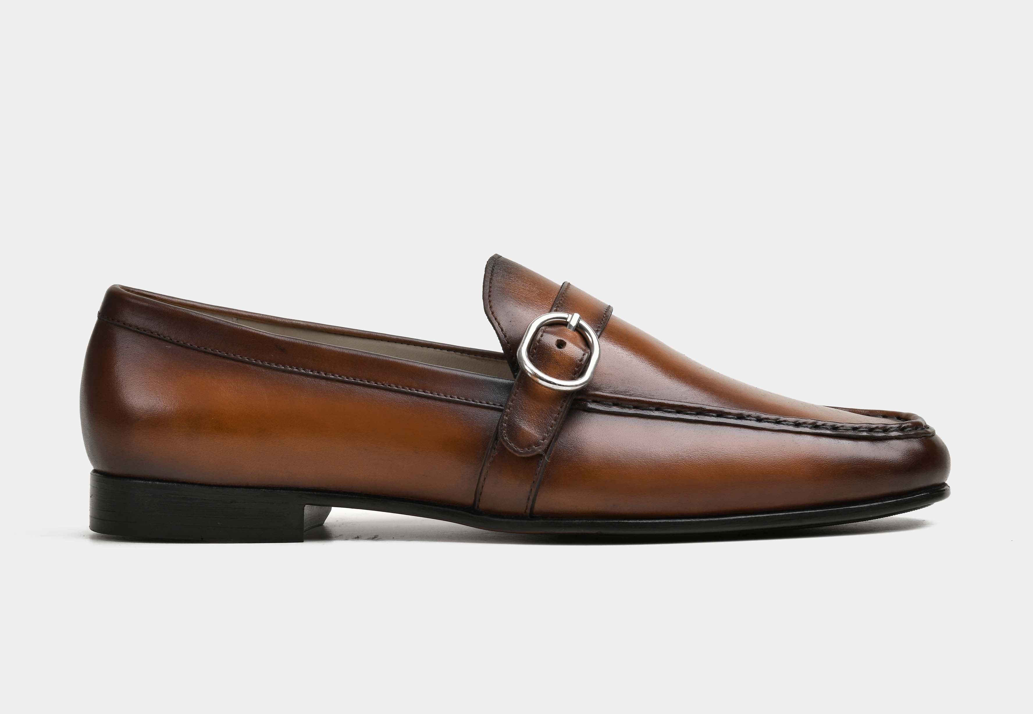 SORRENTO | MEN TAN HAND-BURNISHED SIDE-BUCKLE LOAFERS