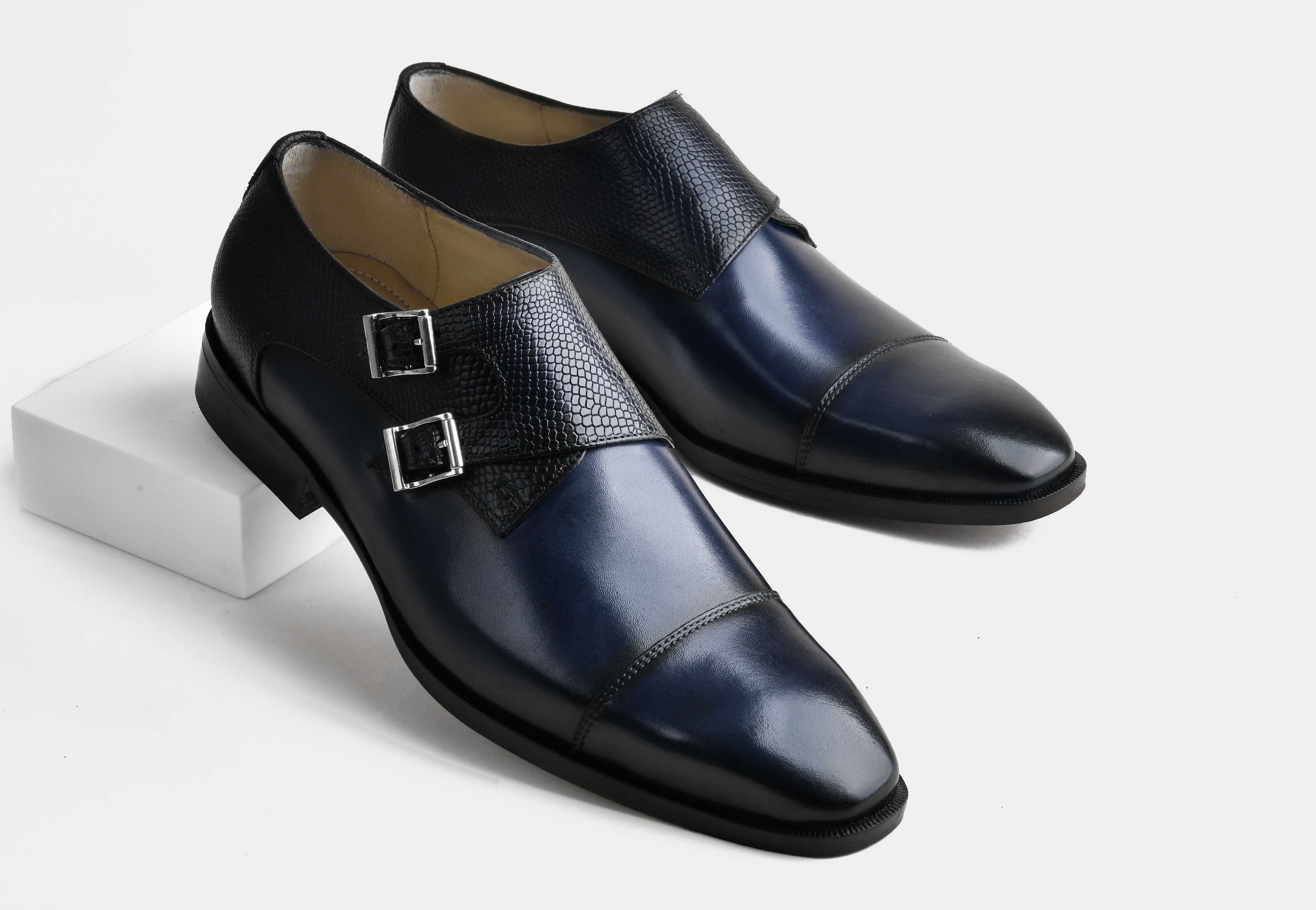 VERANO | MEN MIDNIGHT BLUE CALF LEATHER DOUBLE MONK STRAP SHOES
