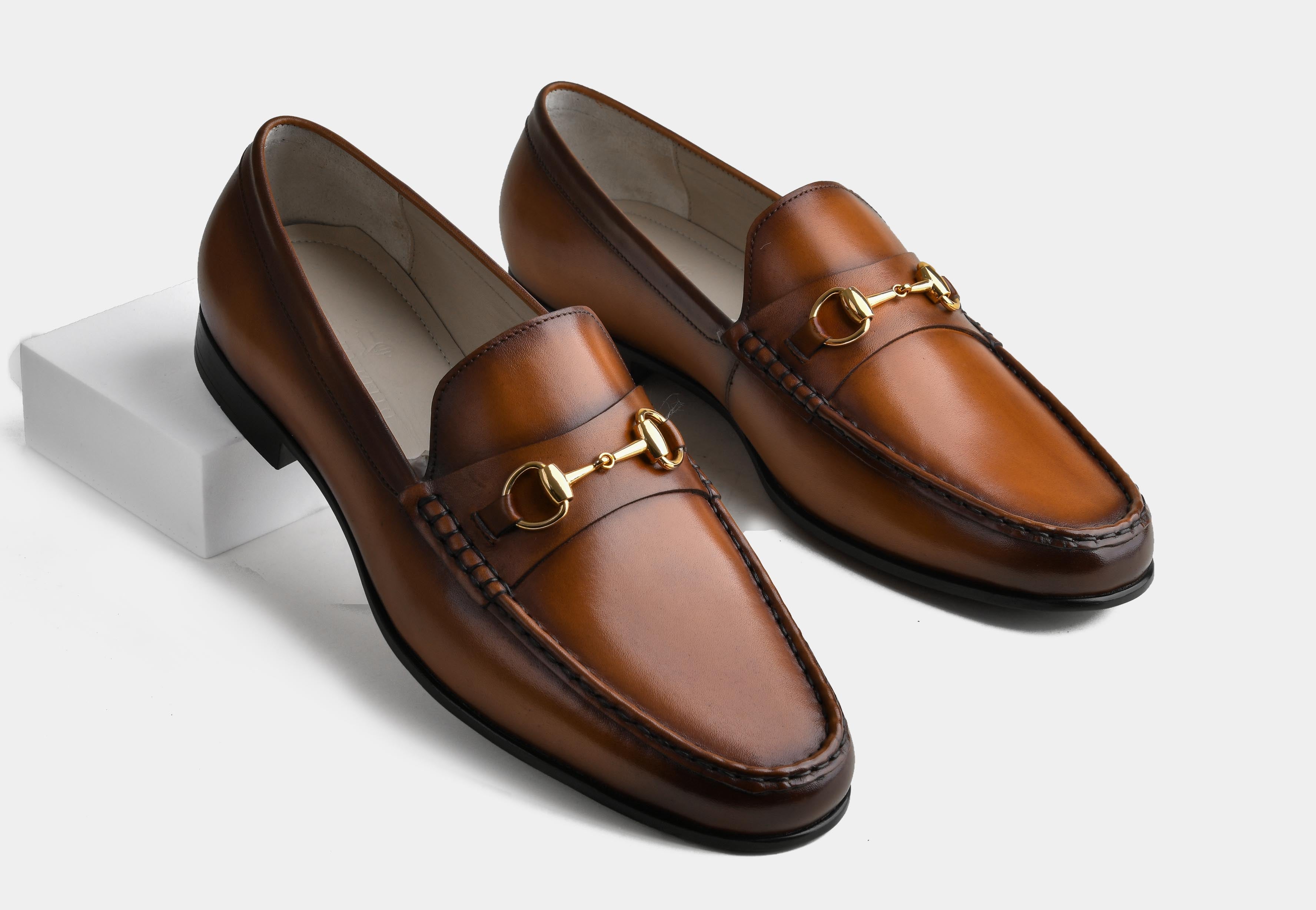 CASSANO| MEN TAN HAND-BURNISHED HORSEBIT LOAFERS