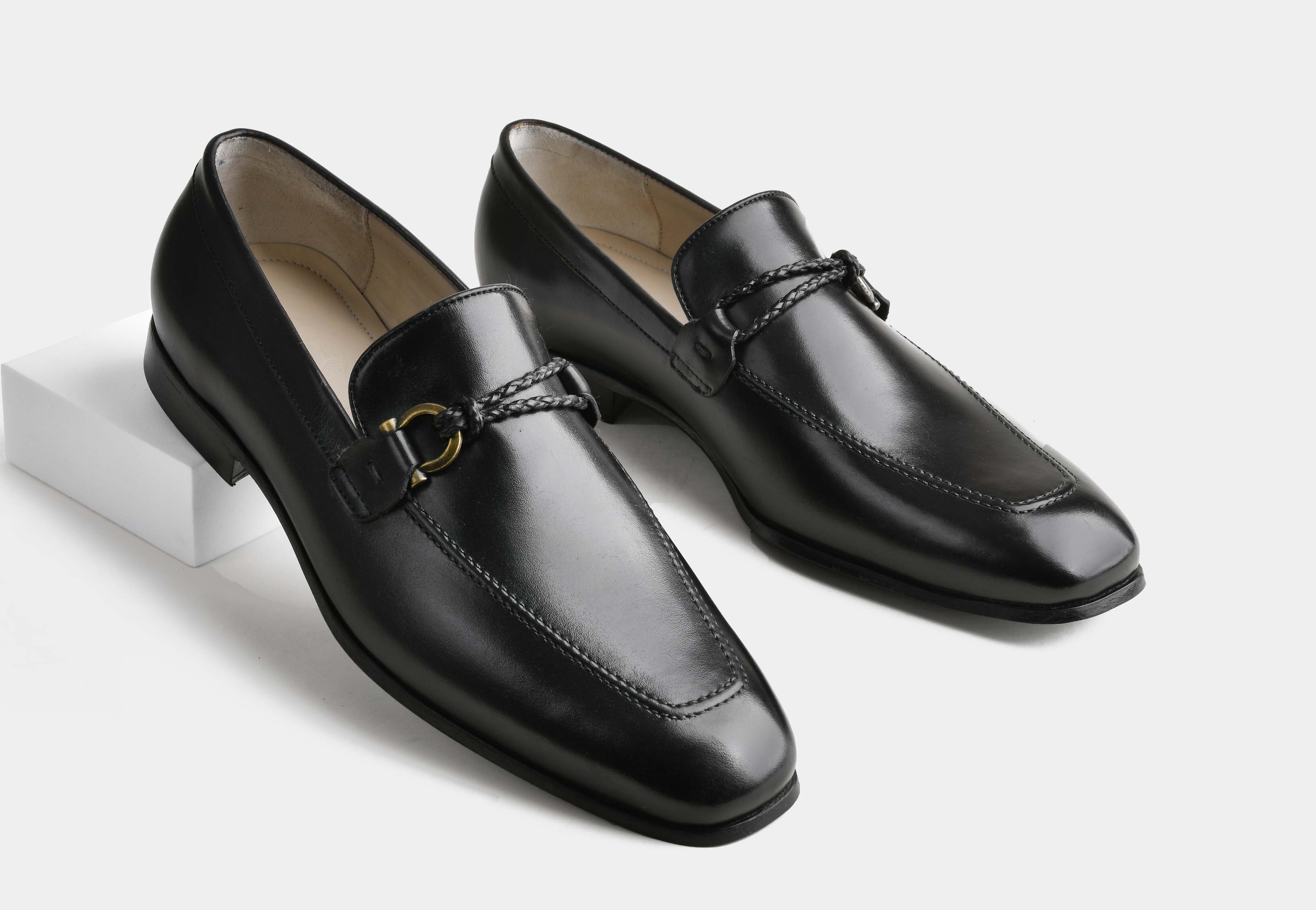 VALENZO | MEN BLACK CALF LEATHER BRAIDED LOAFERS