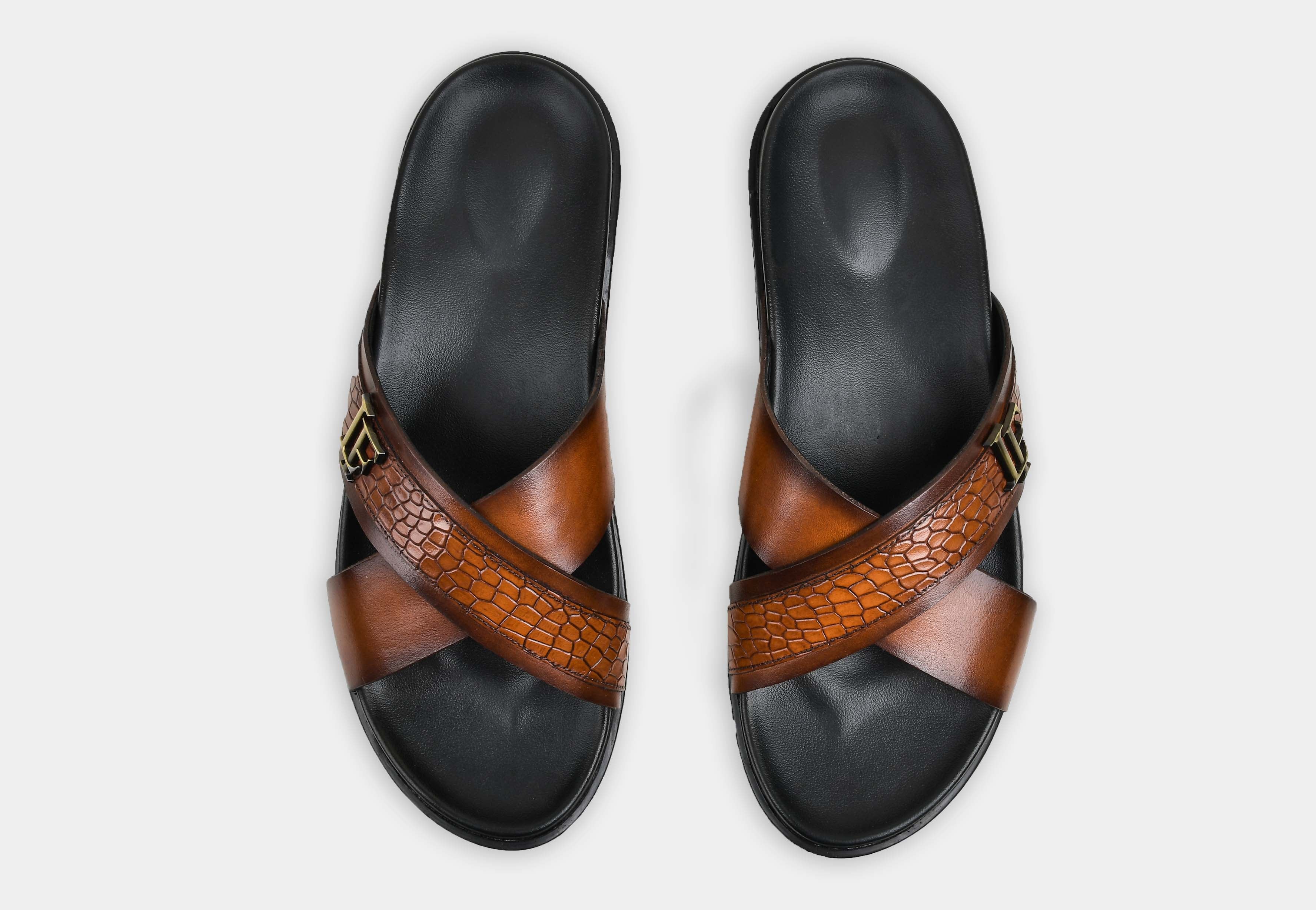 DELMODO | MEN TAN CROSS-STRAP SLIDERS