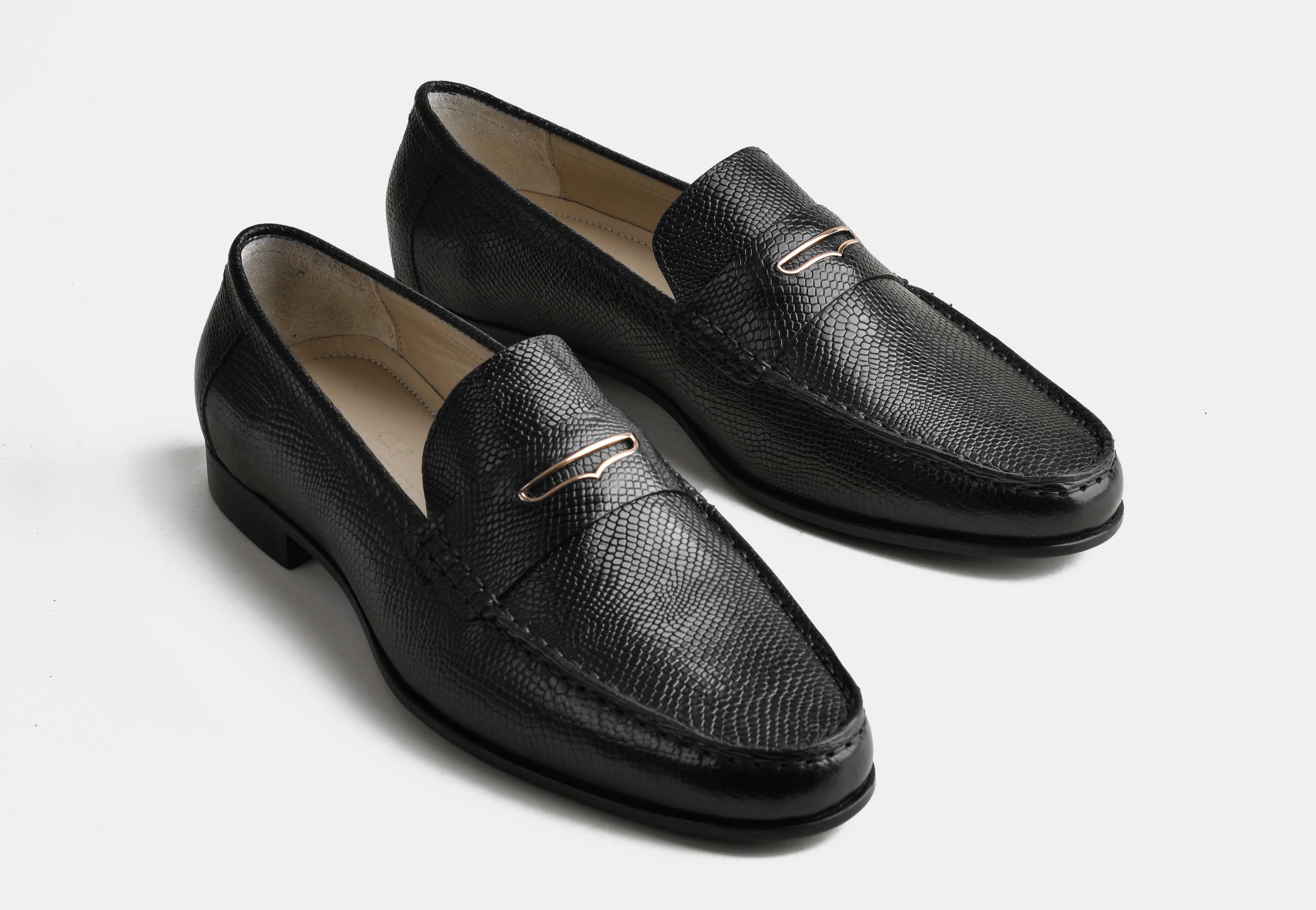 ANTINO | MEN BLACK PEBBLE CROC LEATHER LOAFERS