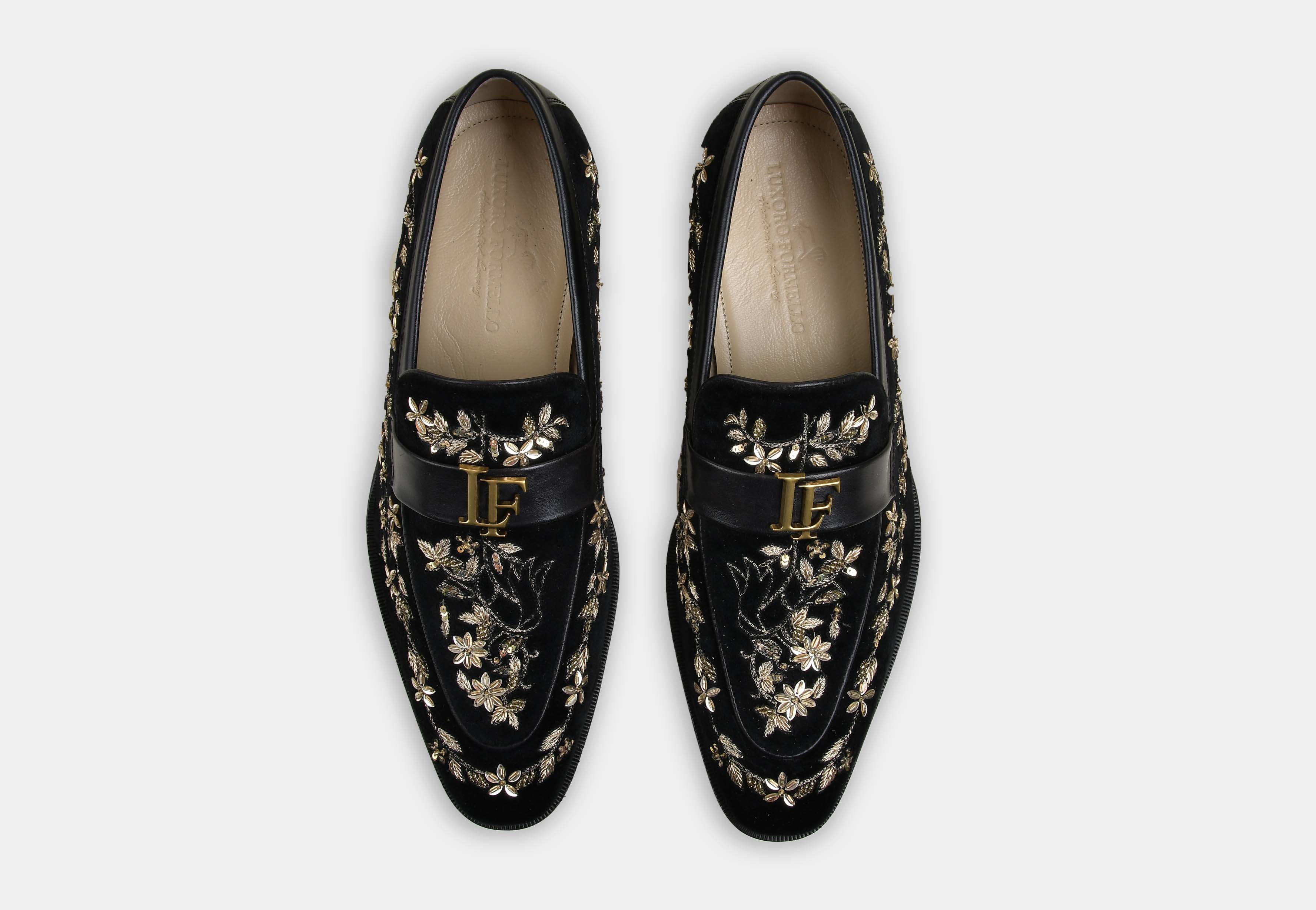 FLORENTINO | MEN BLACK GOLD-EMBROIDERED VELVET LOAFERS