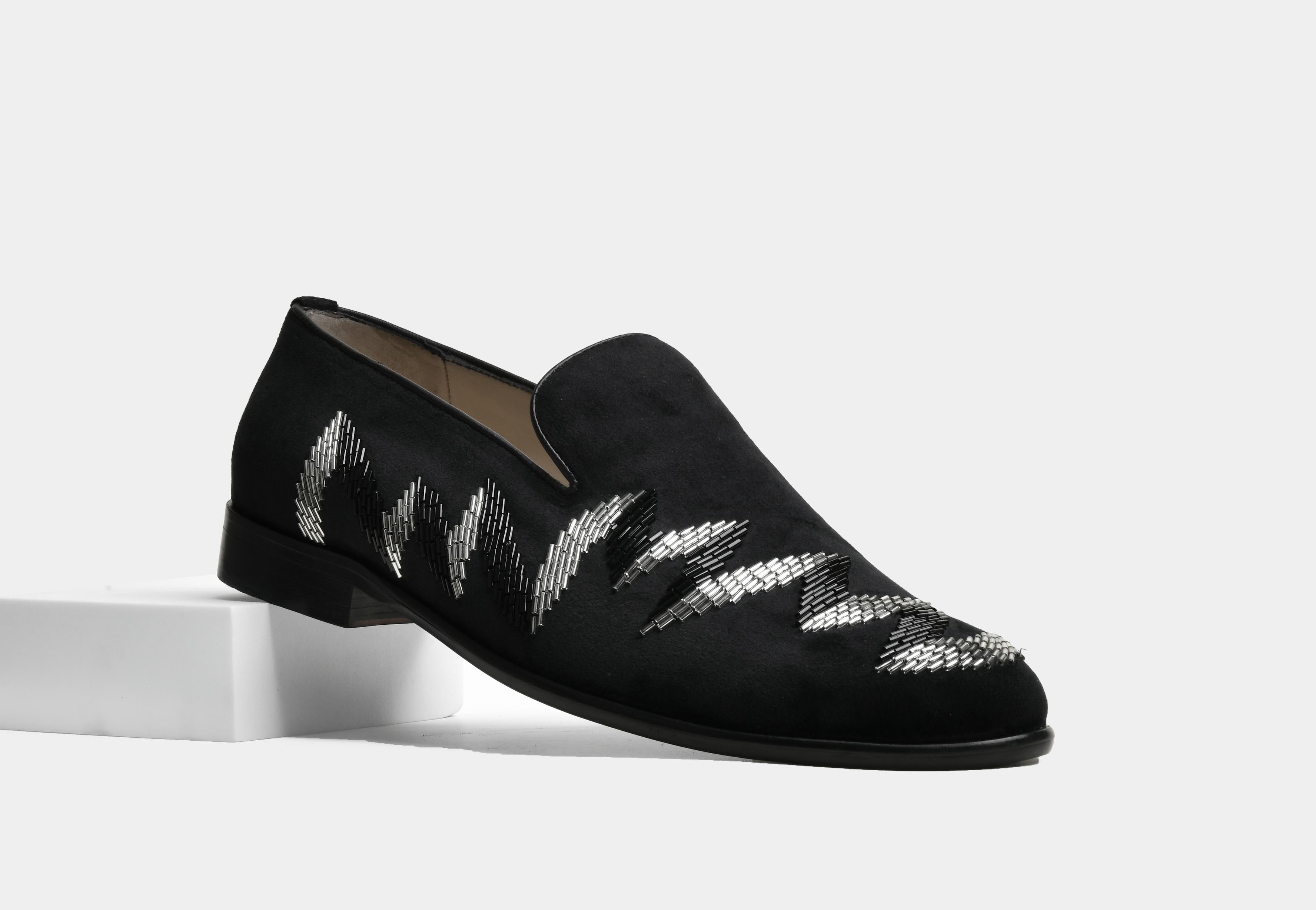 ZIGARO | MEN BLACK BEADED VELVET SLIP-ONS