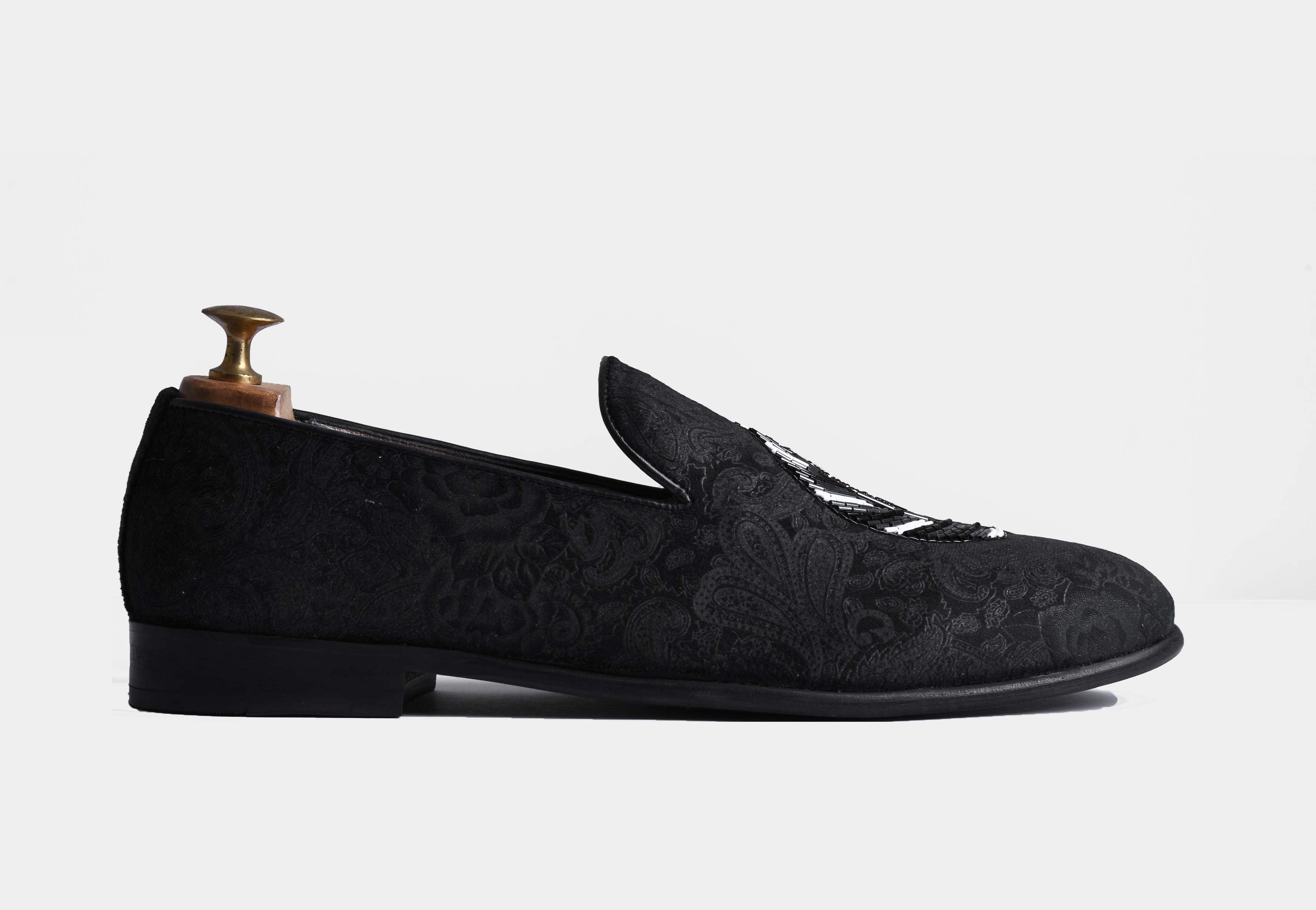 LEANDRO Black Print embroidered slip-ons (Reserved-Release)
