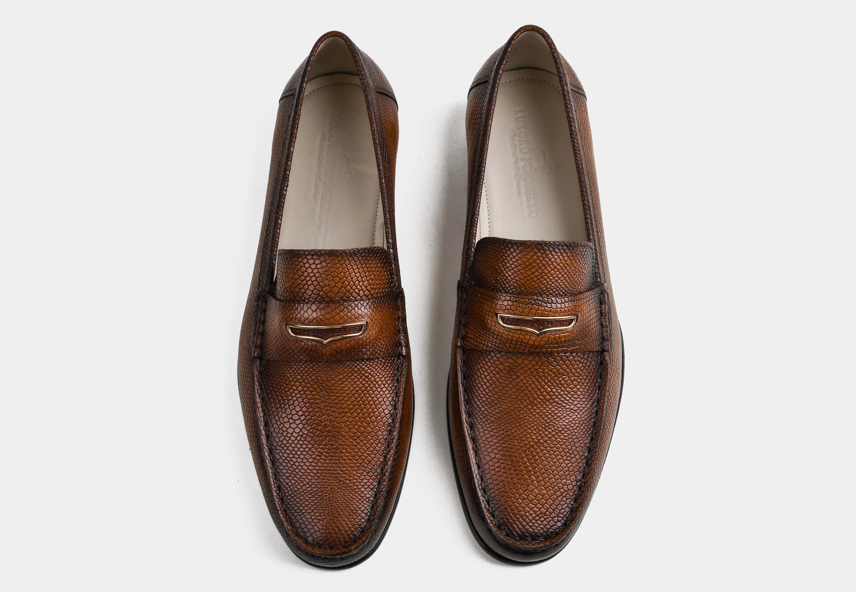 ANTINO | MEN COGNAC PEBBLE-CROC HAND-BURNISHED LOAFERS