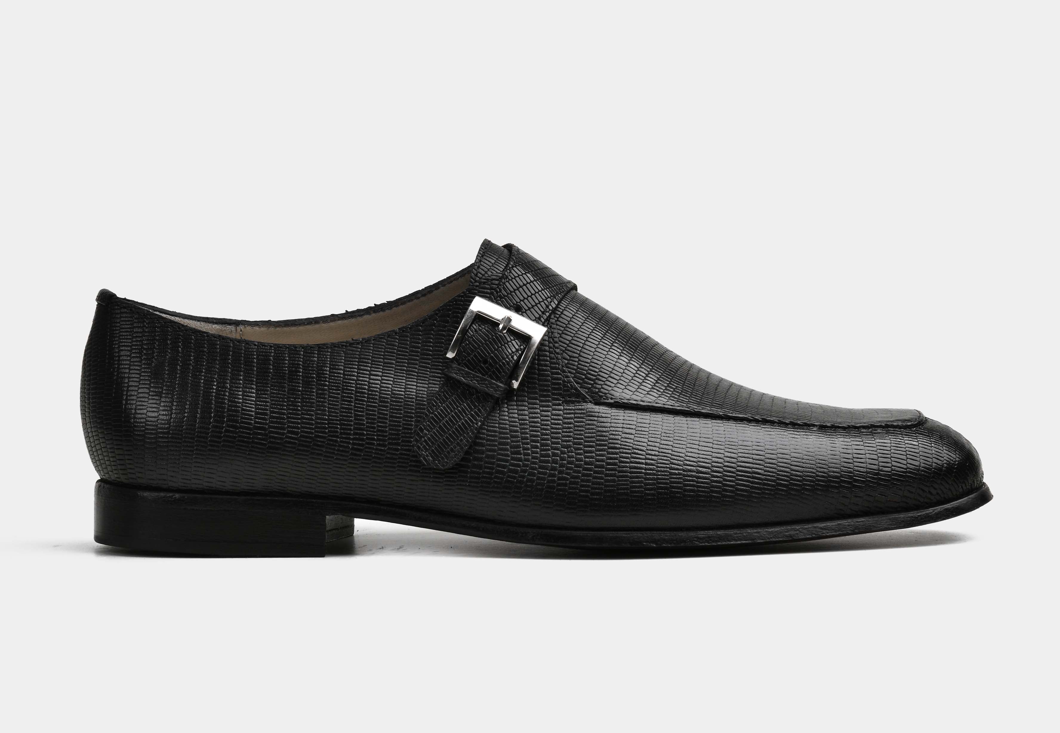 LAVENTO | MEN BLACK TEXTURED LEATHER MONK STRAP SHOES