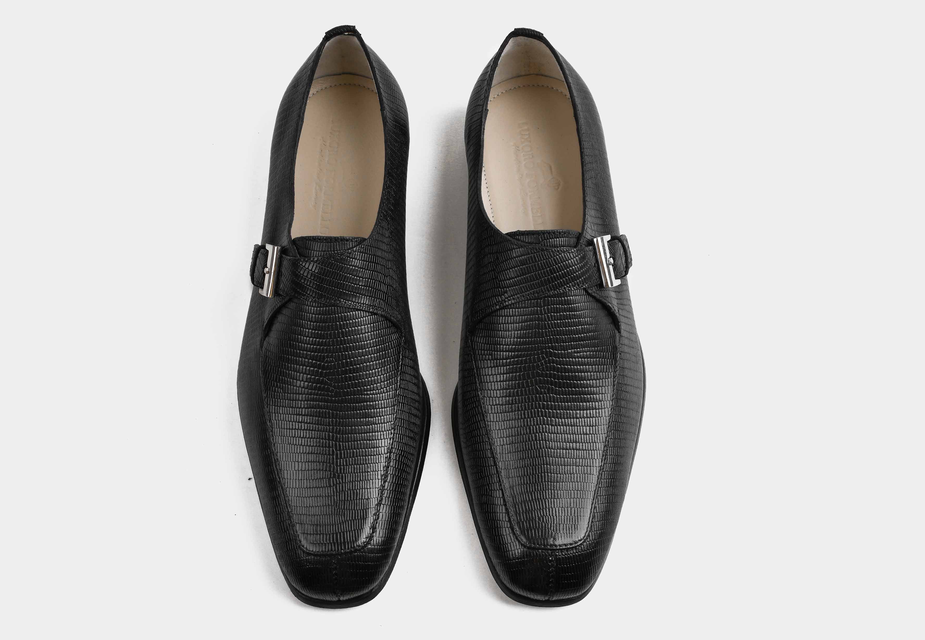 LAVENTO | MEN BLACK TEXTURED LEATHER MONK STRAP SHOES