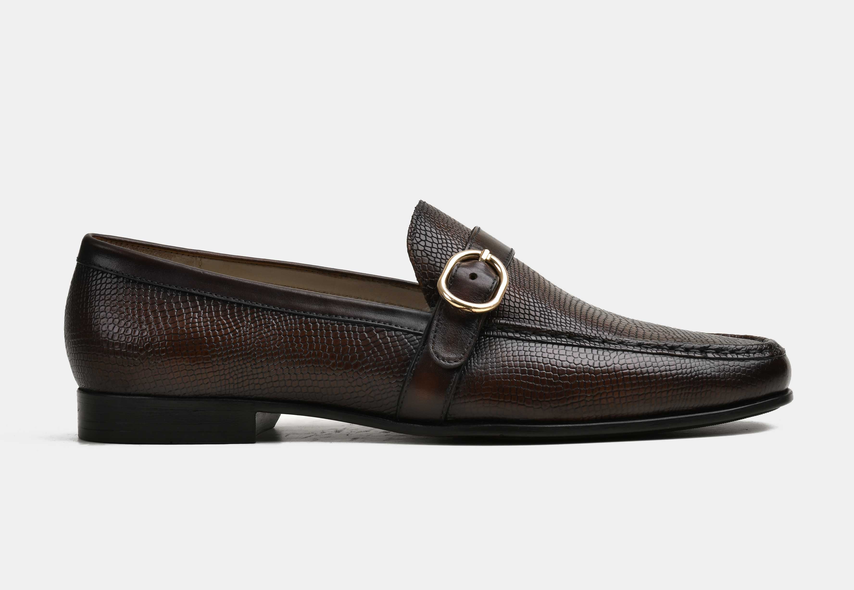 SORRENTO | MEN BROWN TEXTURED LEATHER SIDE-BUCKLE LOAFERS