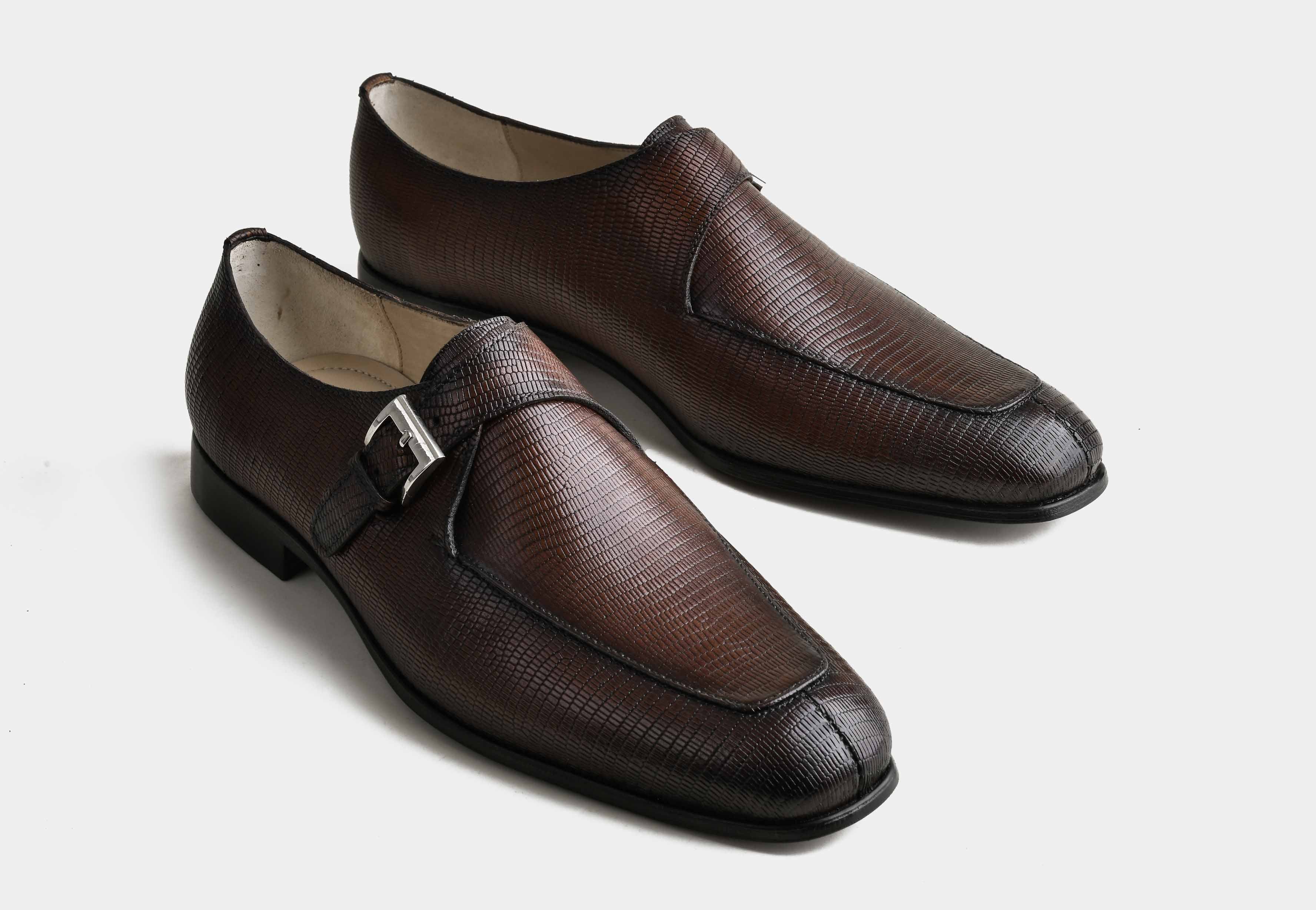 LAVENTO | MEN BROWN TEXTURED LEATHER MONK STRAP SHOES