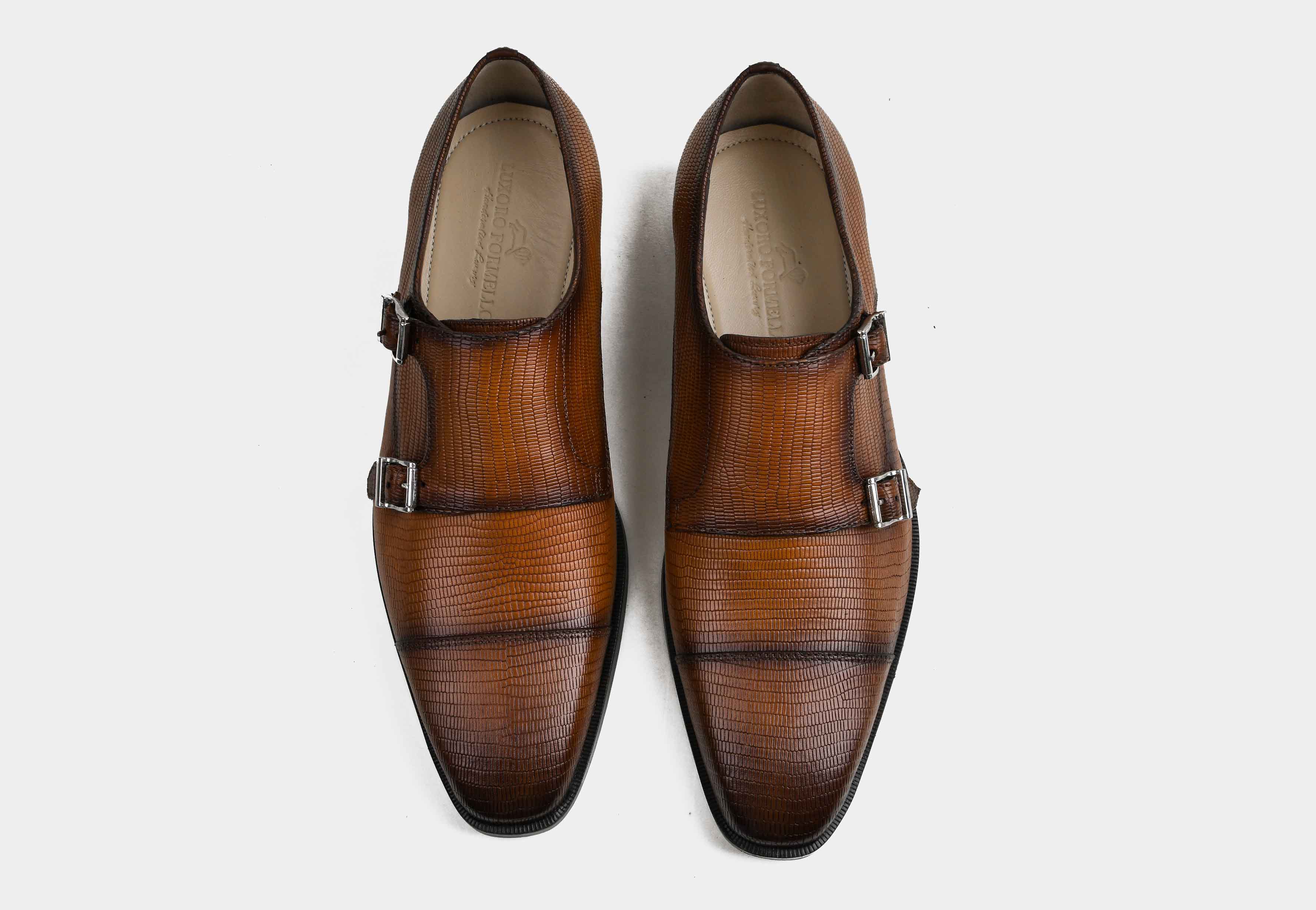 OLIVE | MEN TAN TEXTURED DOUBLE MONK STRAP SHOES