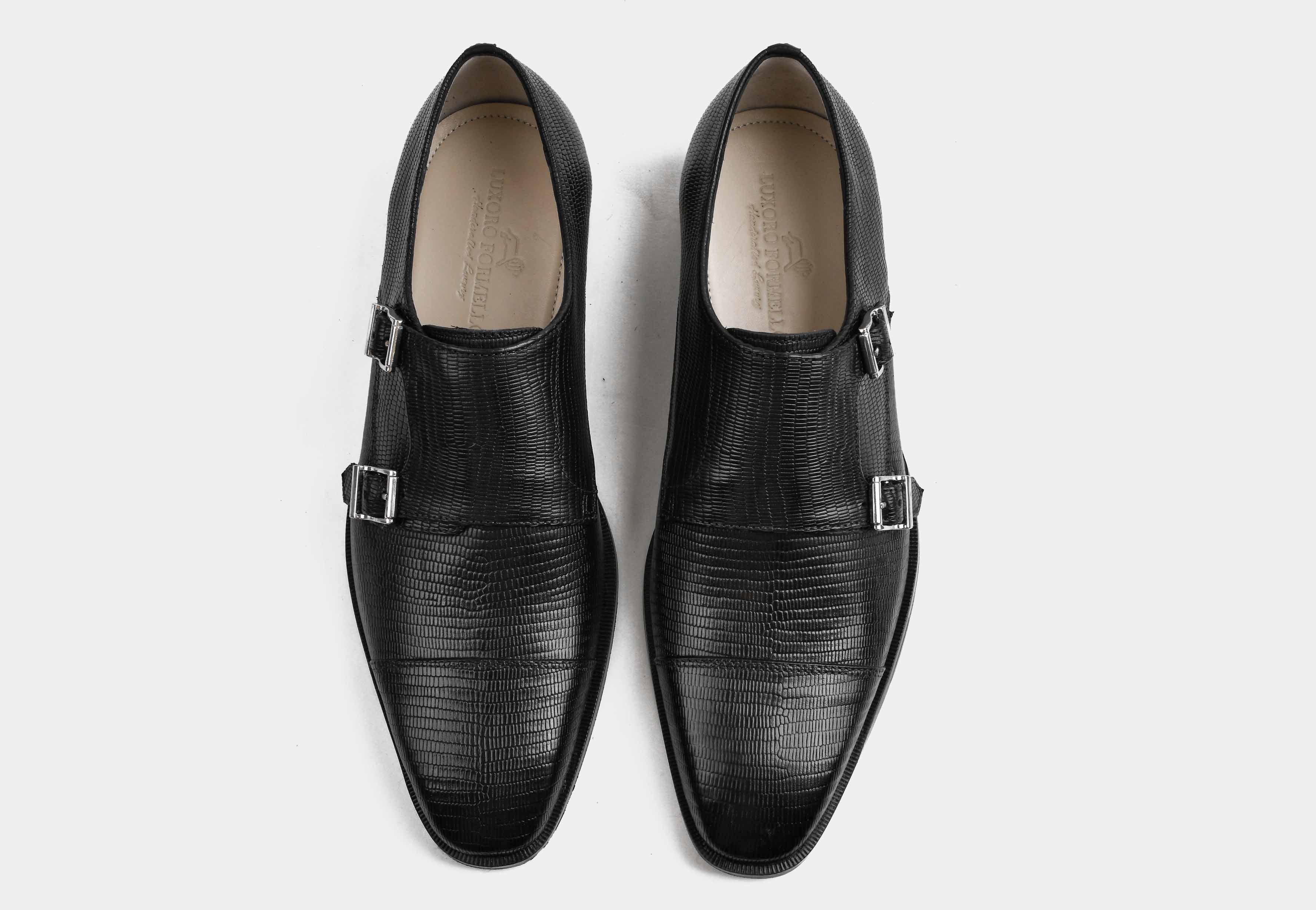 OLIVE | MEN BLACK TEXTURED DOUBLE MONK STRAP SHOES