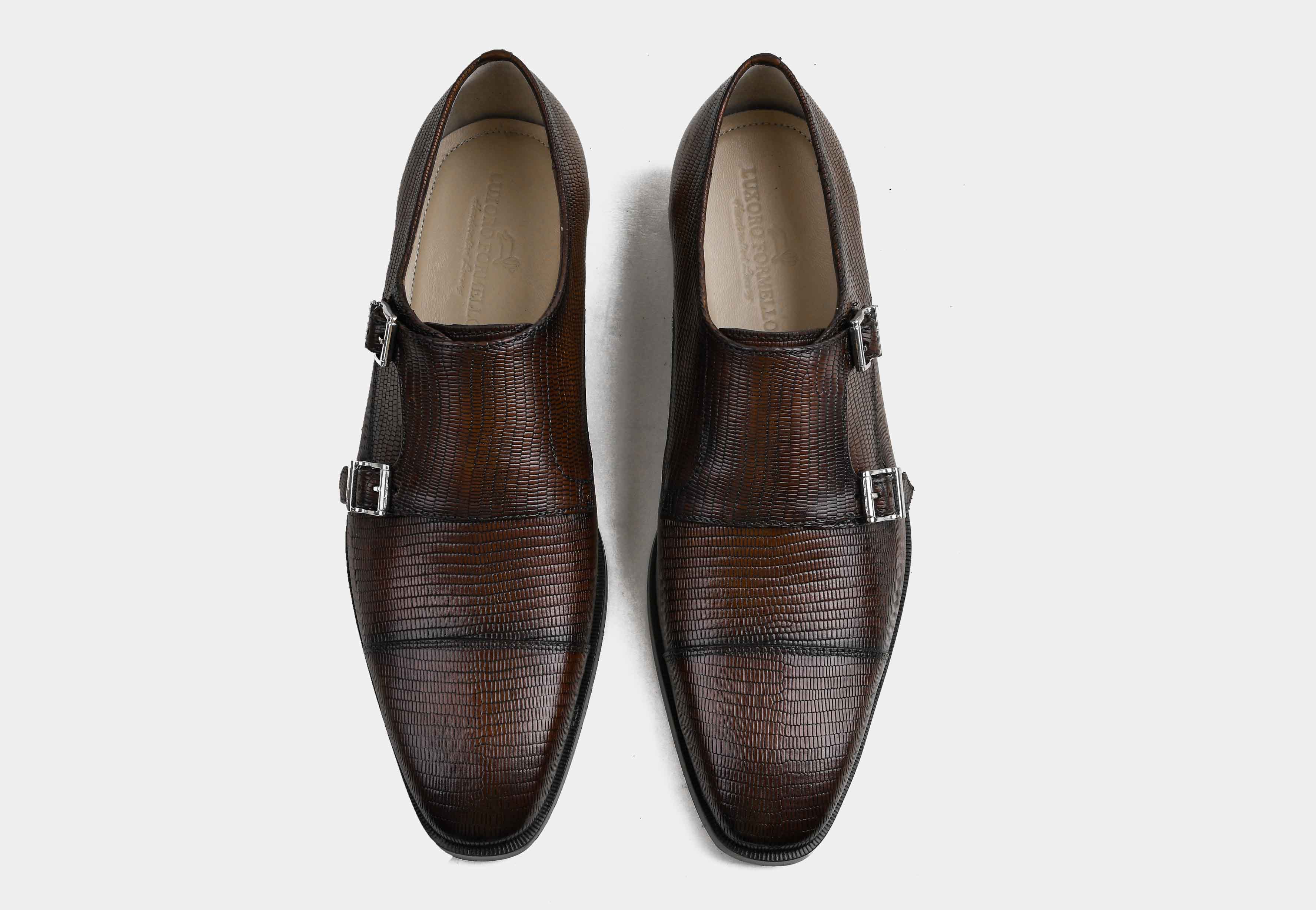 OLIVE | MEN BROWN TEXTURED DOUBLE MONK STRAP SHOES