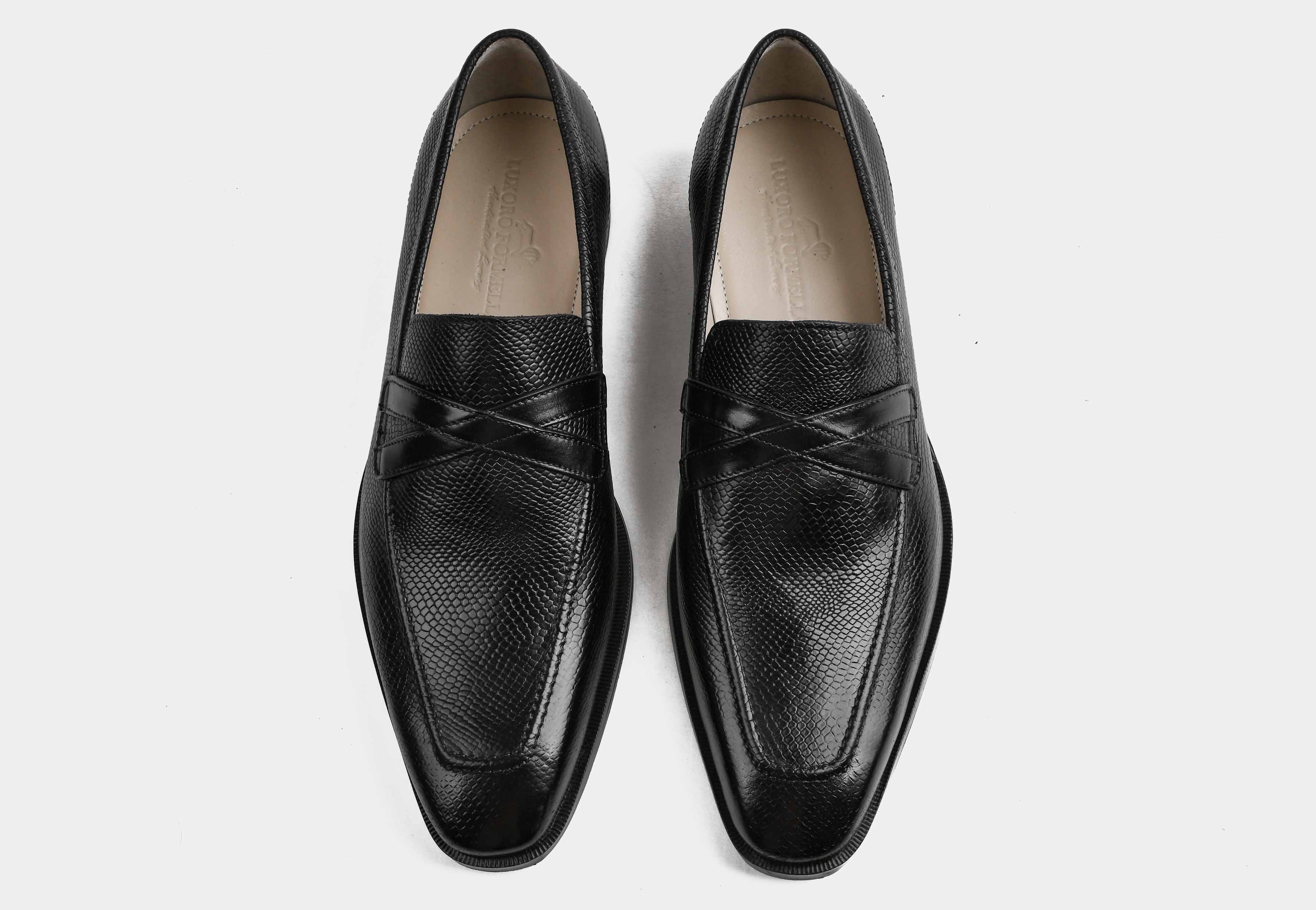 ADRINO | MEN BLACK TEXTURED CROSS-STRAP LOAFERS