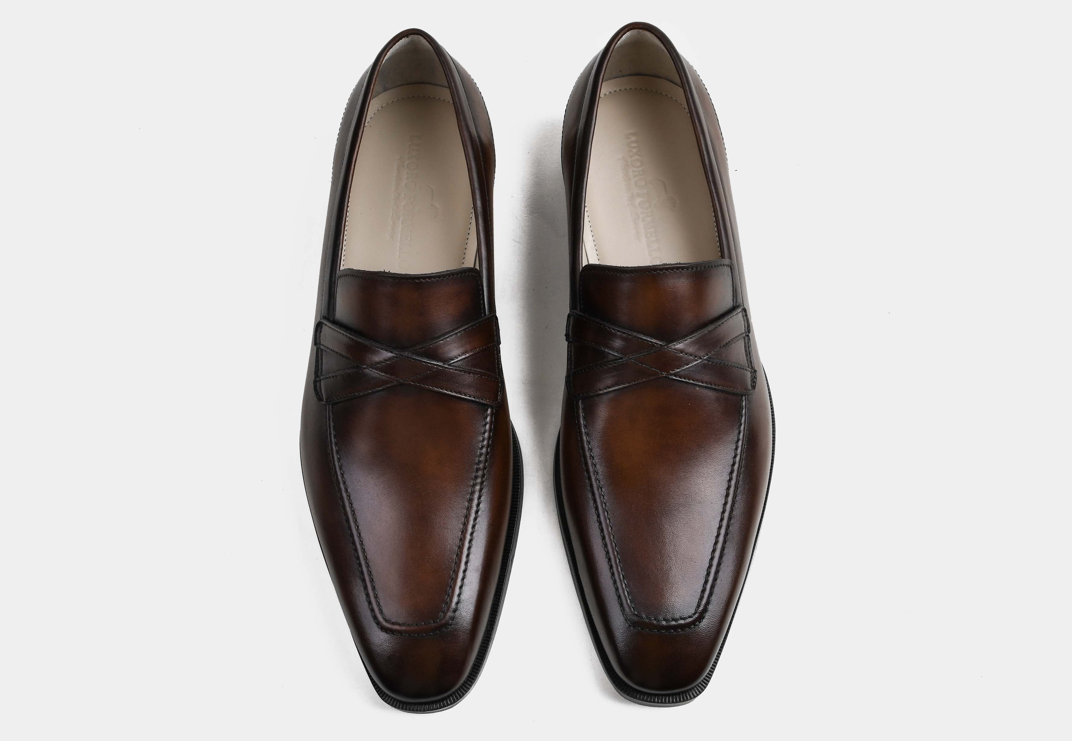 ADRINO | MEN BROWN HAND-BURNISHED CROSS-STRAP LOAFERS