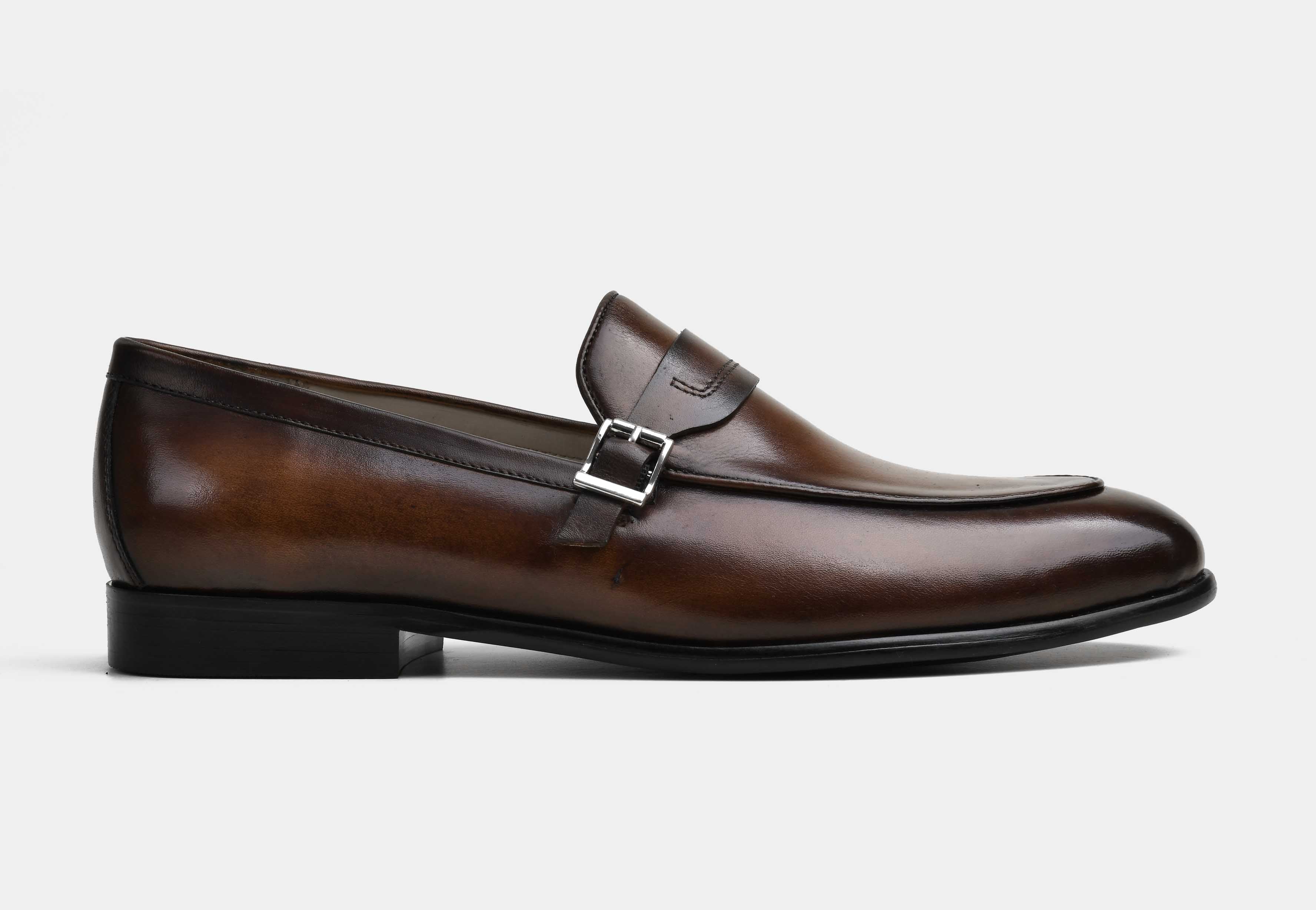 VERO | MEN BROWN HAND-BURNISHED BUCKLE STRAP LOAFERS
