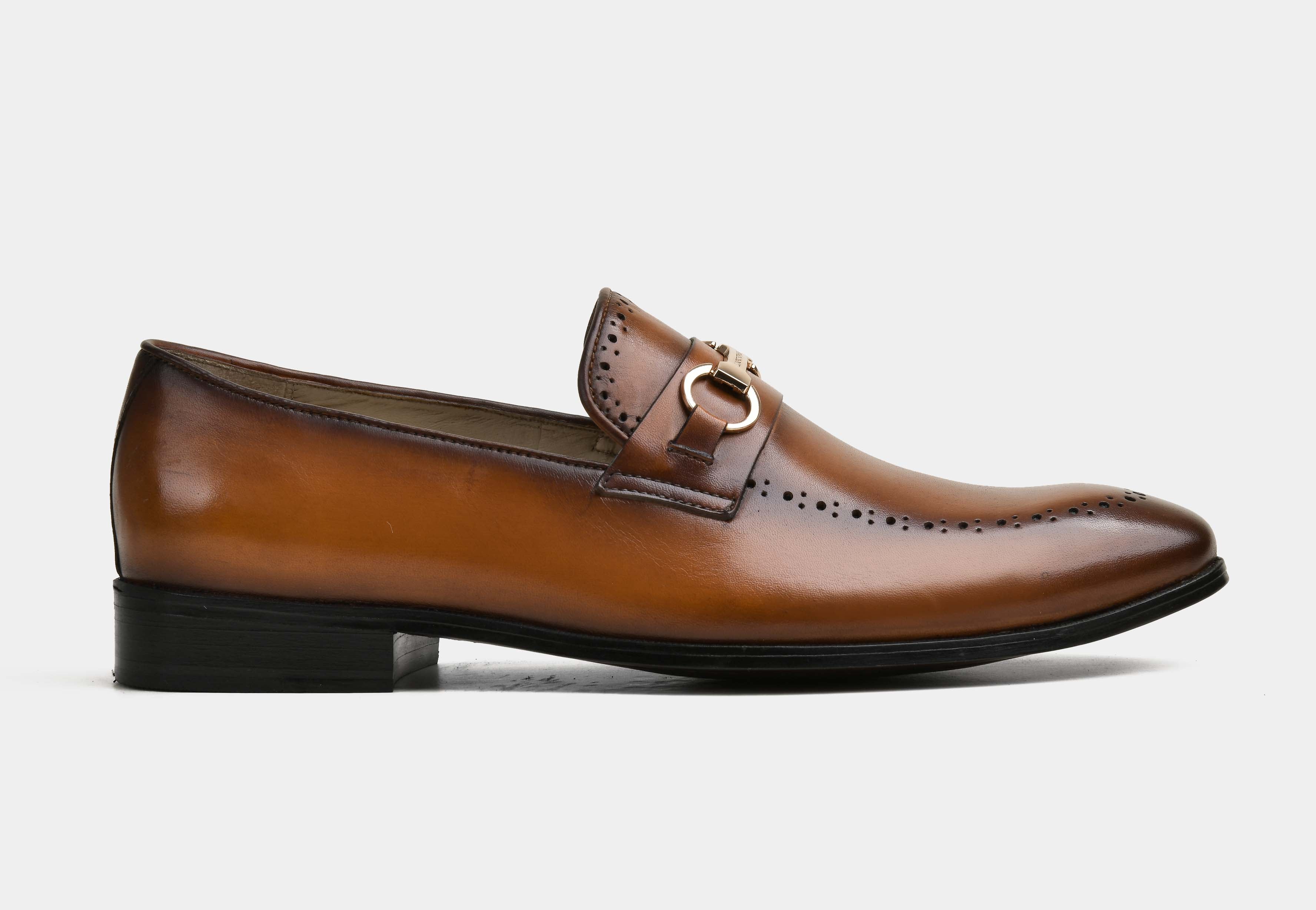 DELVANO | MEN TAN HAND-BURNISHED BUCKLE LOAFERS