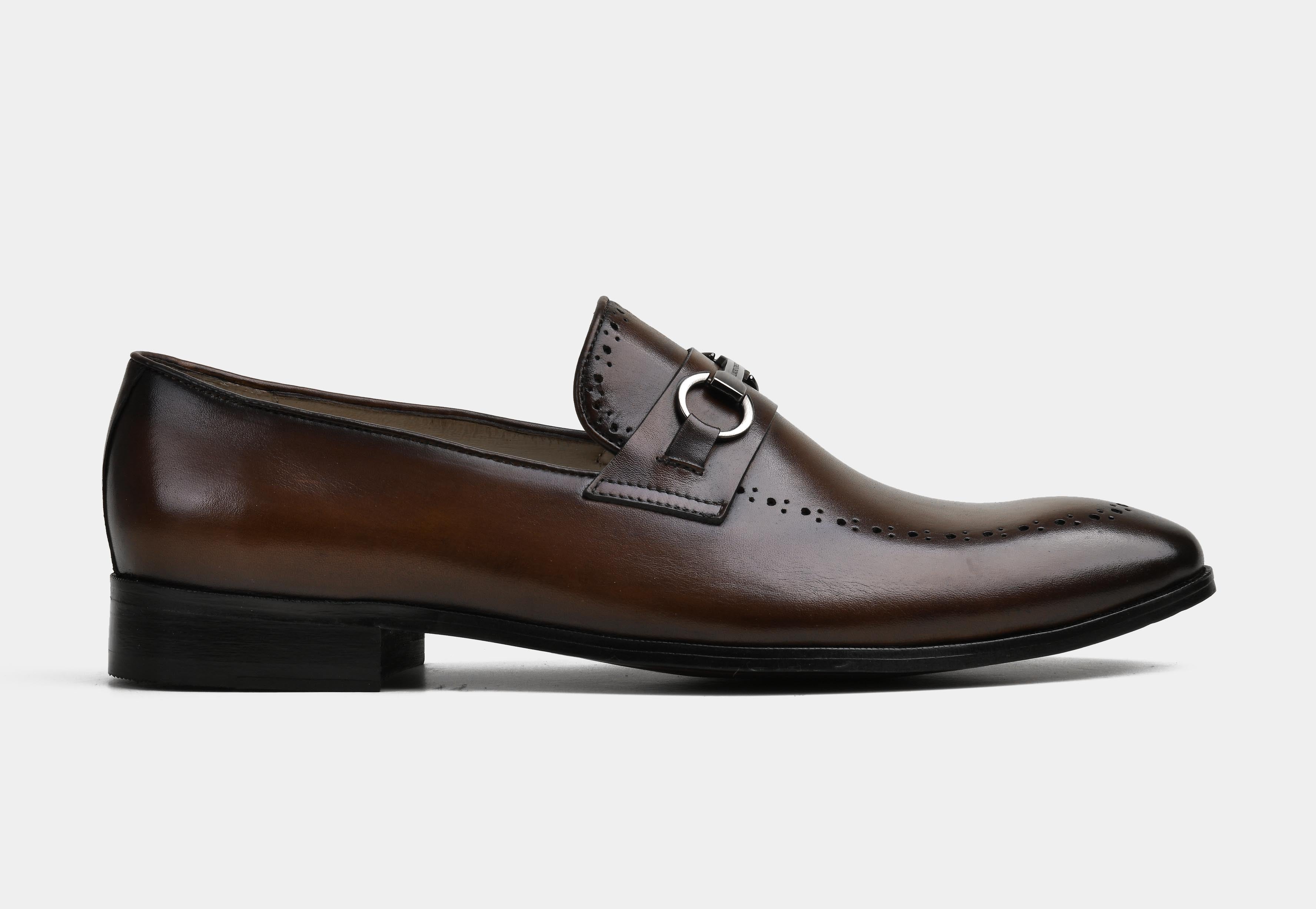 DELVANO | MEN BROWN HAND-BURNISHED BUCKLE LOAFERS