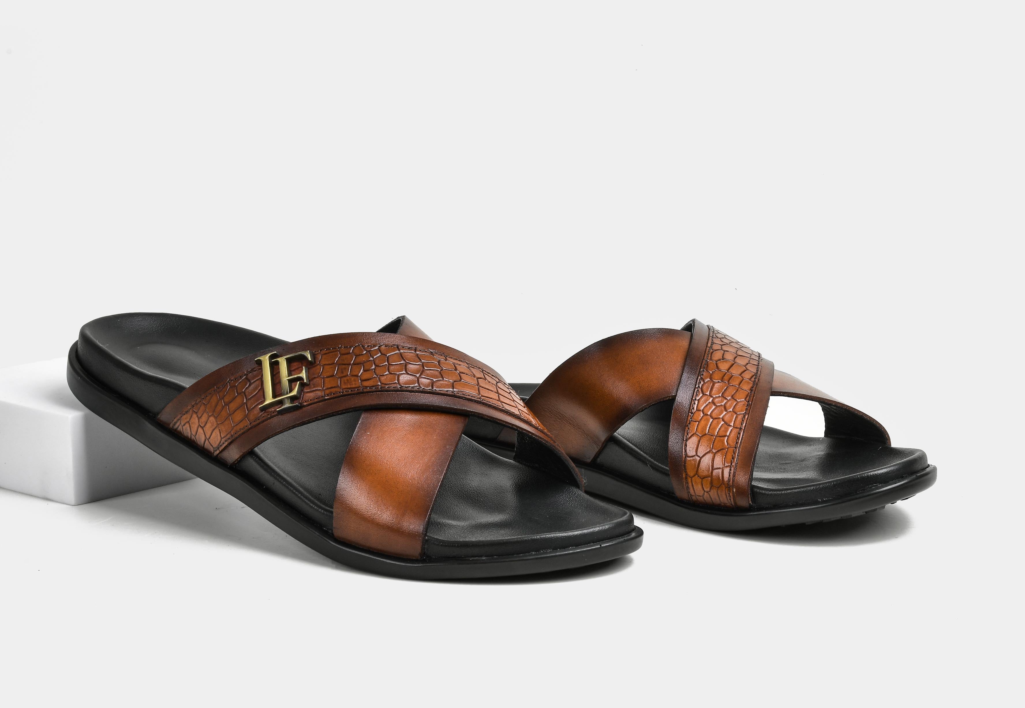 DELMODO | MEN TAN CROSS-STRAP SLIDERS